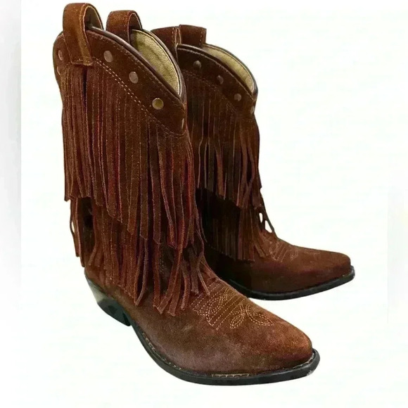 ShyanneR Girls' Fringe Snip Toe Western Boots Brown Sz 2 - Picture 1 of 11